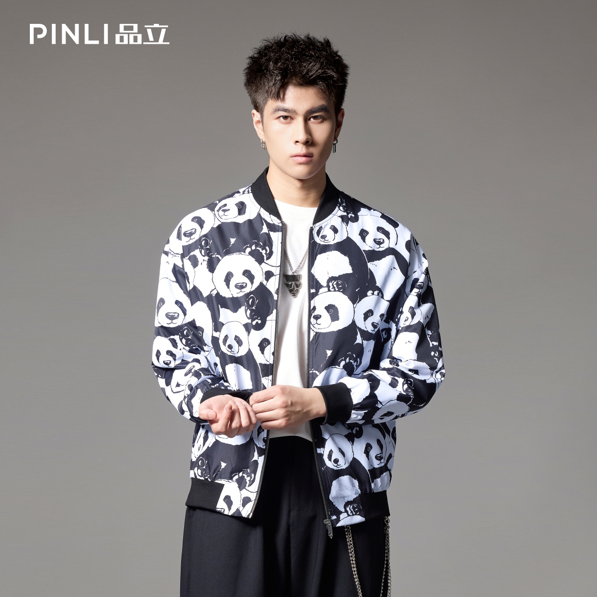 PINLI品立男棒球领熊猫夹克外套