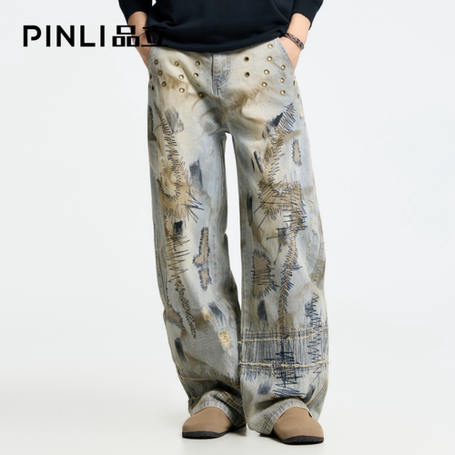 PINLI品立重工刺绣补丁牛仔裤