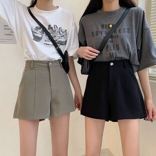 高腰百搭西装裤潮流学生休闲宽松高腰短裤女韩版秋季黑色阔腿裤子