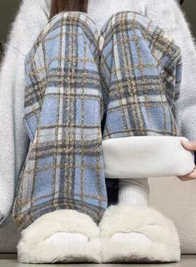 秋冬2025新款蓝色毛呢格子裤女高腰垂感加绒休闲直筒复古阔腿裤女
