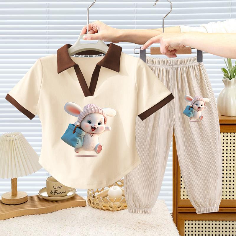 女童t恤短袖宝宝V领半袖上衣儿童POLO衫女宝翻领T恤冰丝裤套装夏