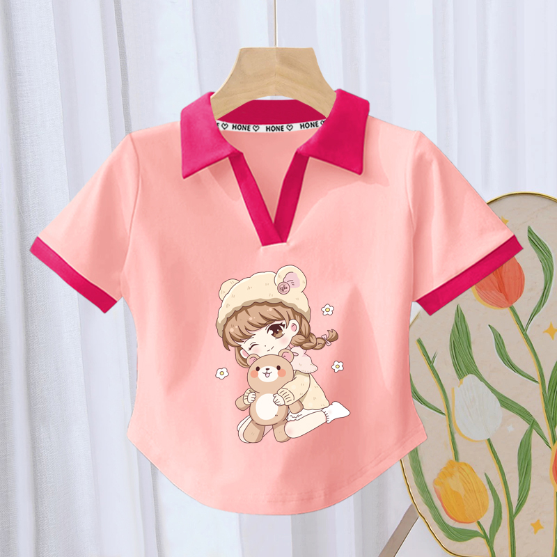 女童POLO衫短袖可爱卡通印花小众学院风翻领宽松T恤夏季休闲百搭