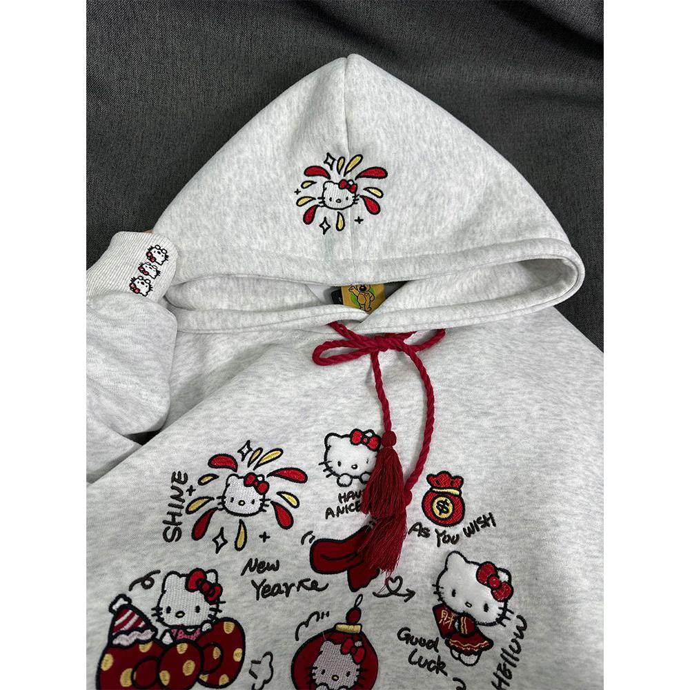 重磅纯棉HelloKitty刺绣连帽卫衣女大童初中高中学生加绒加厚外套