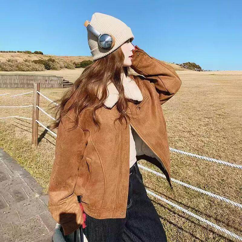 美拉德咖色麂皮绒外套女2025新款冬大码胖mm正肩短款夹棉保暖棉服