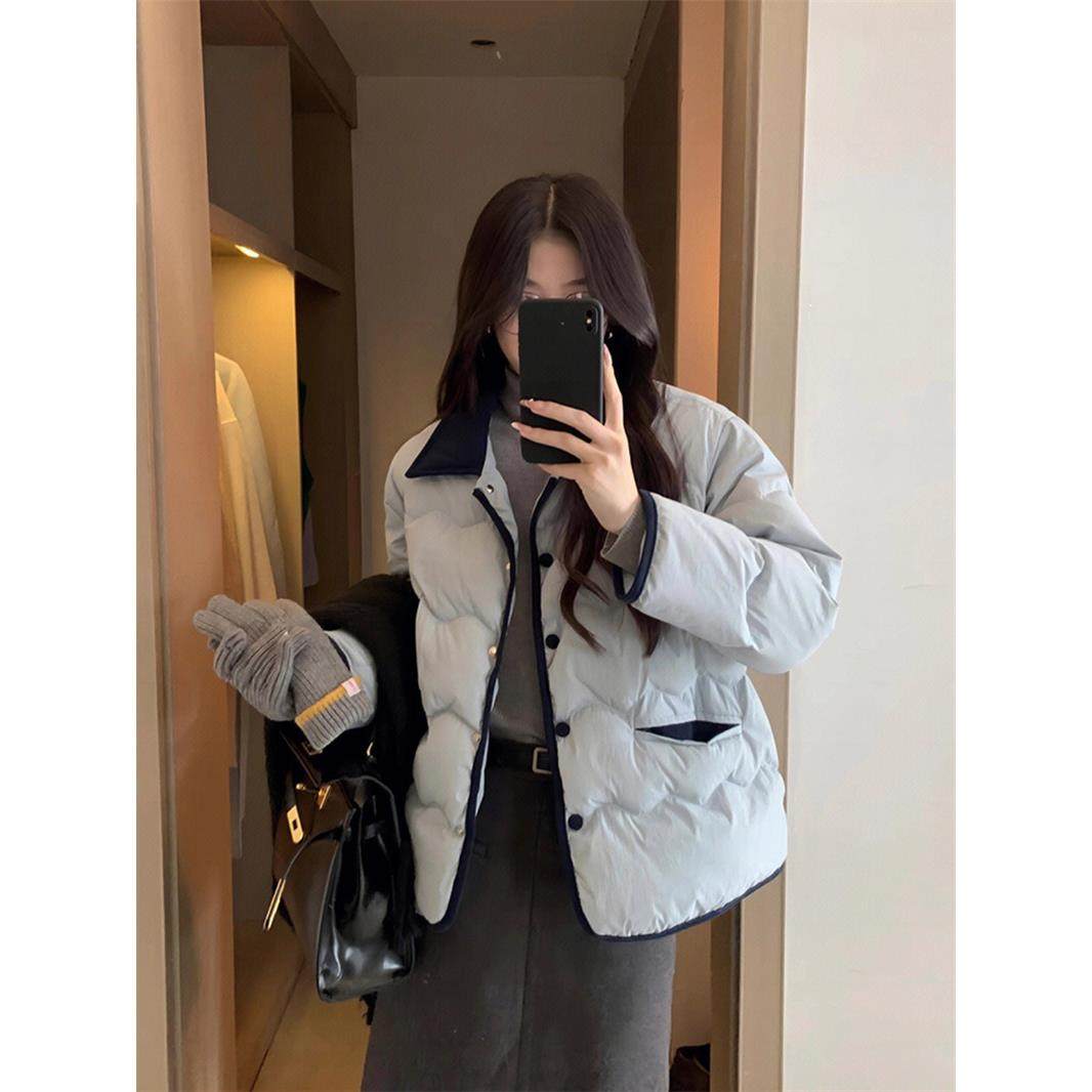 冬季蓝色夹棉短款外套女装小香风2025新款超好看轻薄棉袄上衣棉服