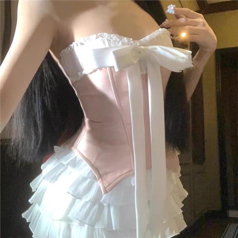 夏季穿搭一整套女小个子韩系一字肩辣妹抹胸上衣蓬蓬半身裙两件套