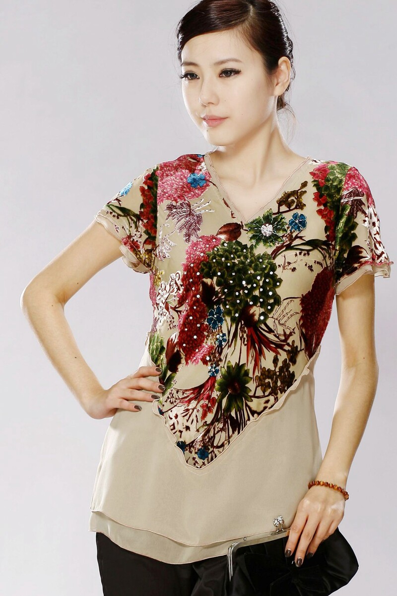 真丝绒T恤v领烧花绒工艺桑蚕丝上衣小衫中年女春夏装烂花绡2127