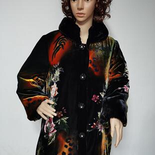 真丝绒棉衣中老年妈妈装大码加肥加大时尚宽松金丝绒棉服手绘女
