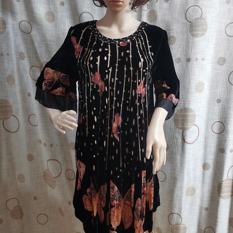 2025真丝绒连衣裙短袖丝绒烂花绒圆领镂空女裙大摆贵丽人正品631