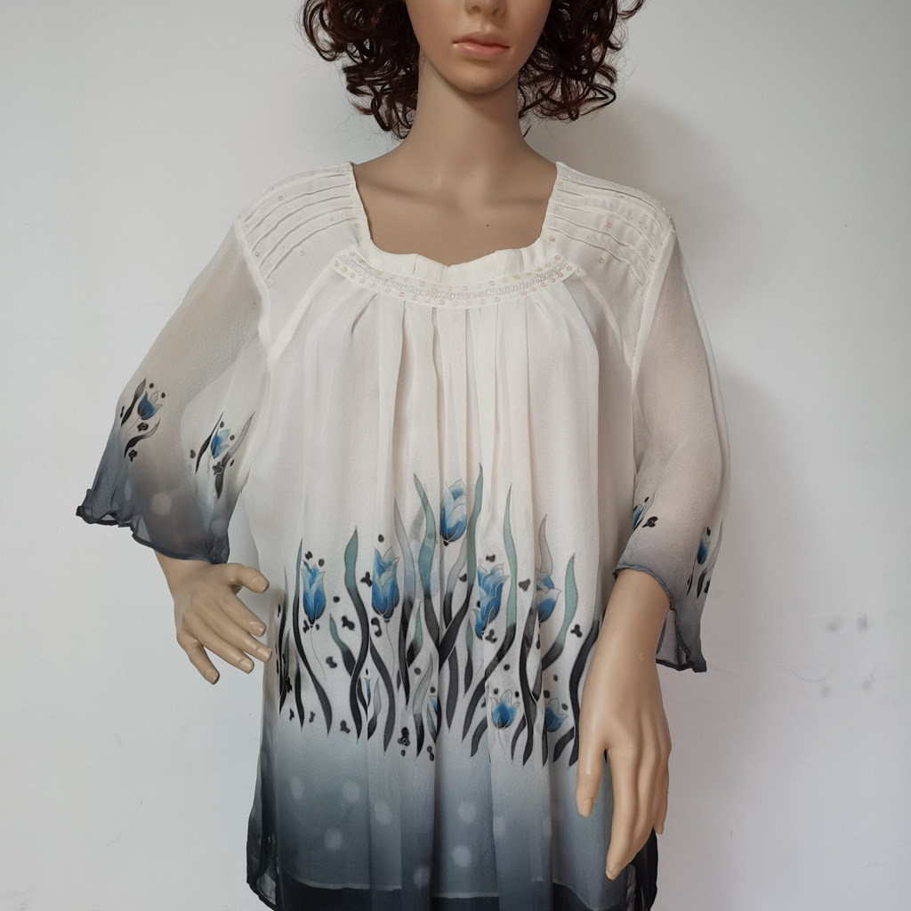 母亲节特价真丝桑蚕丝双层乔其中袖上衣手绘断码中老年妈妈装1228