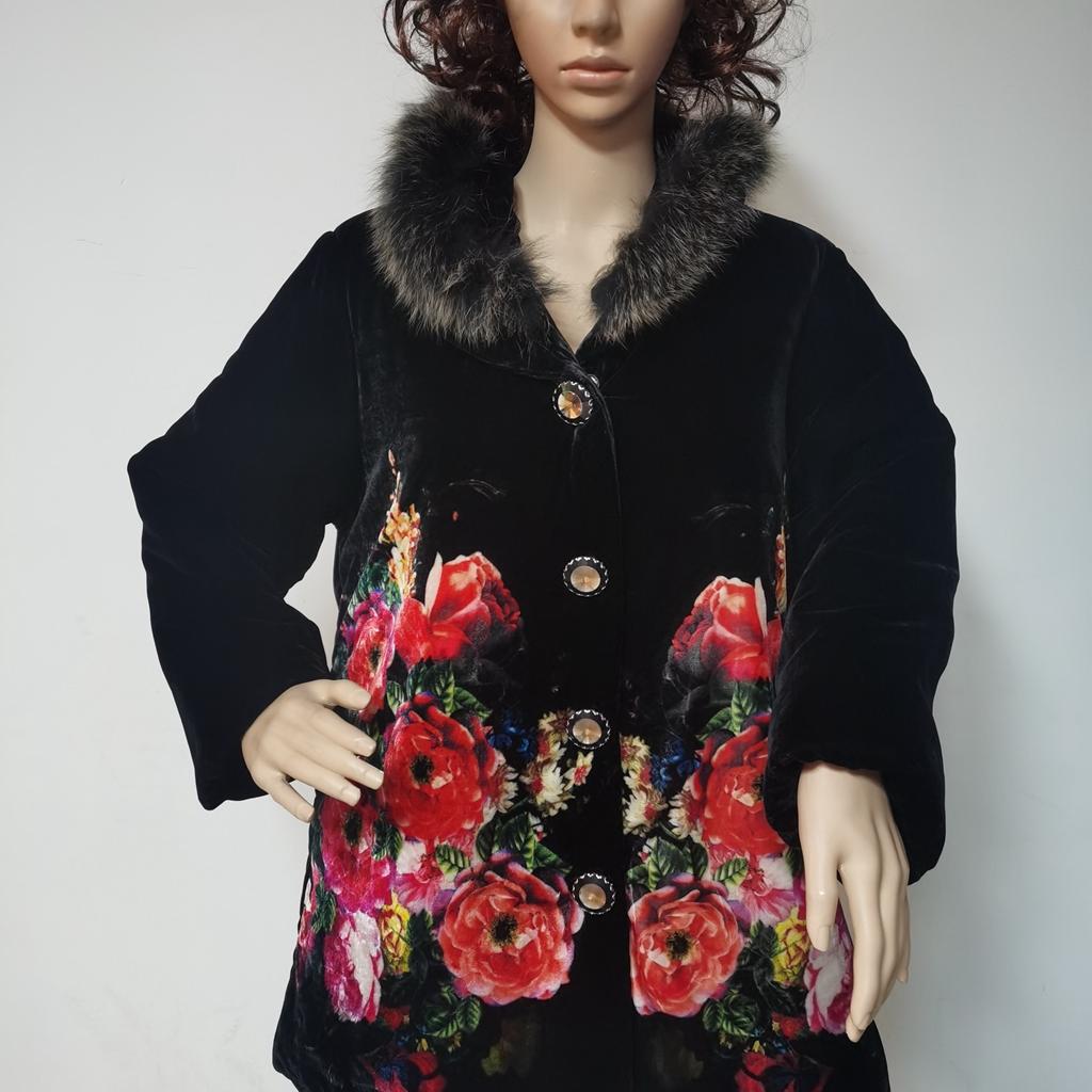 真丝绒棉衣薄棉服中老年妈妈装喷绘手绘大花金丝绒貉子毛领12916