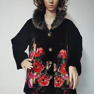 真丝绒棉衣薄棉服中老年妈妈装喷绘手绘大花金丝绒貉子毛领12916