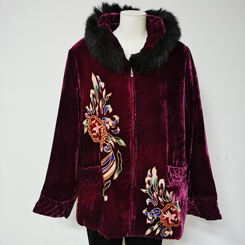 桑蚕丝真丝绒棉衣清仓特价中老年妈妈装棉服金丝绒枣红棉袄4742
