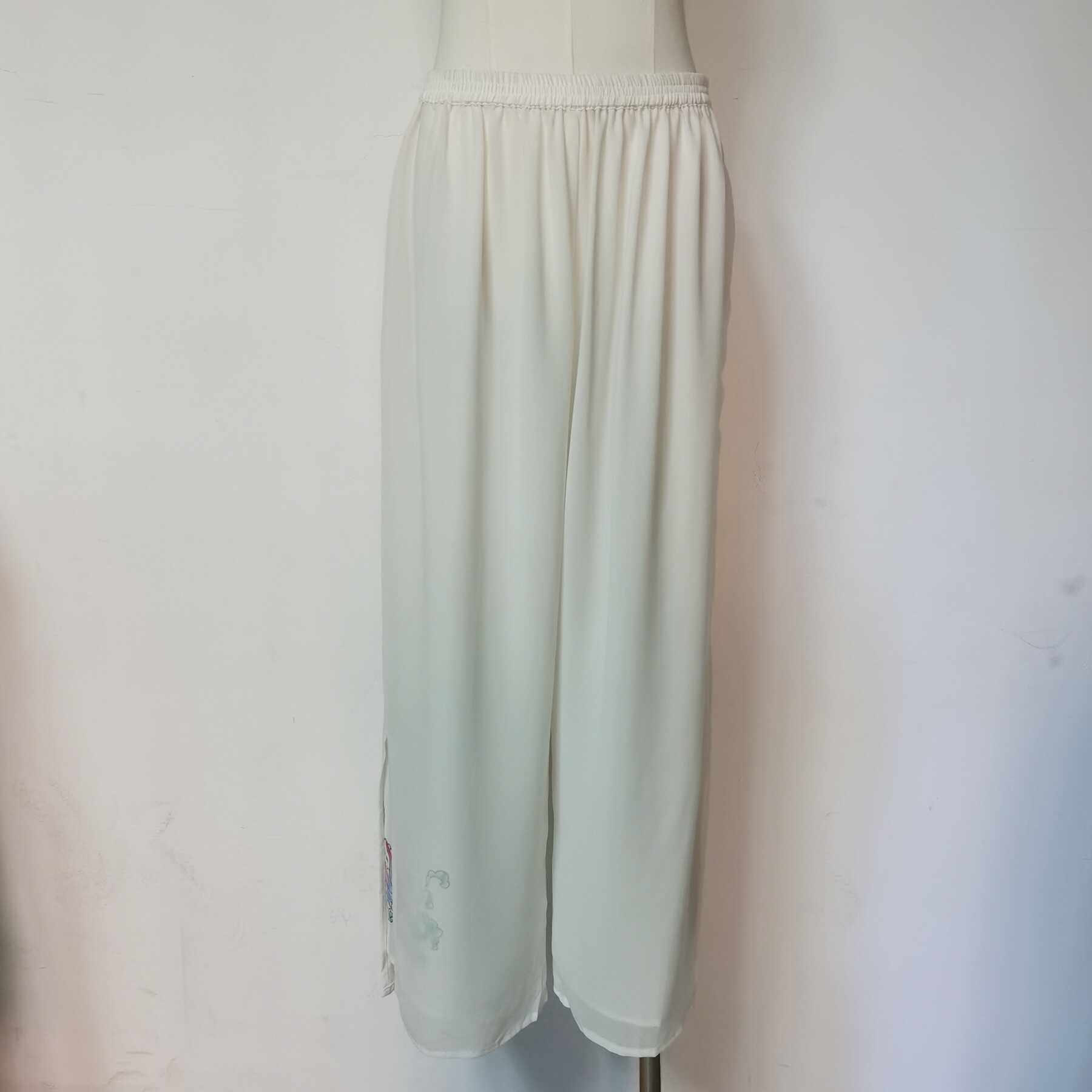 雪纺女裤直筒裤大码全松紧高腰休闲阔腿裤手绘裤脚纯色白色3412