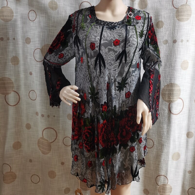 2025真丝连衣裙桑蚕丝中长袖圆领钉珠中老年烂花绡女裙