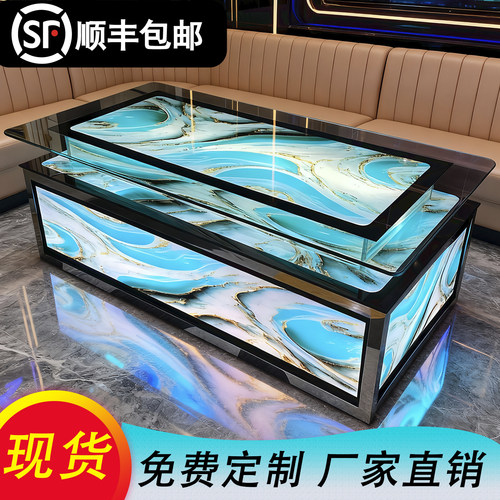 现货KTV茶几专用发光电奢石岩板大理石不锈钢钢化玻璃酒吧台桌子