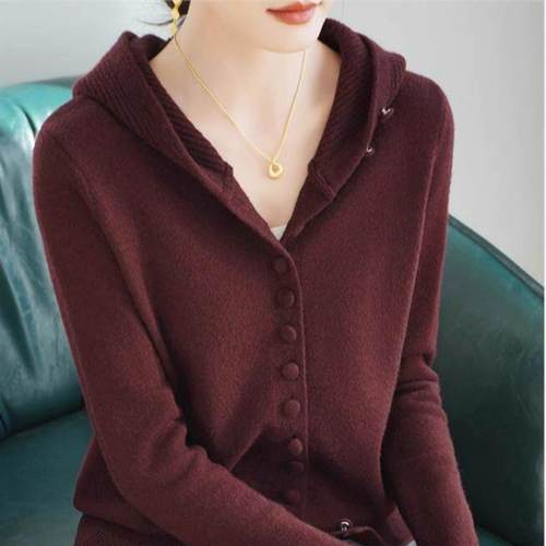2025春季新款羊毛开衫女长袖单扣纯色连帽针织衫外穿大码毛衣韩
