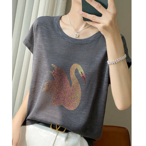 短袖韩版薄款烫钻冰丝女