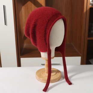 系带羊绒帽子秋冬男女针织羊毛线套头护耳包头帽防寒挡风加厚保暖