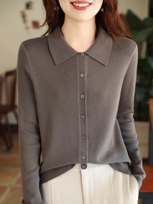 羊毛单排扣POLO领纯色针织衫