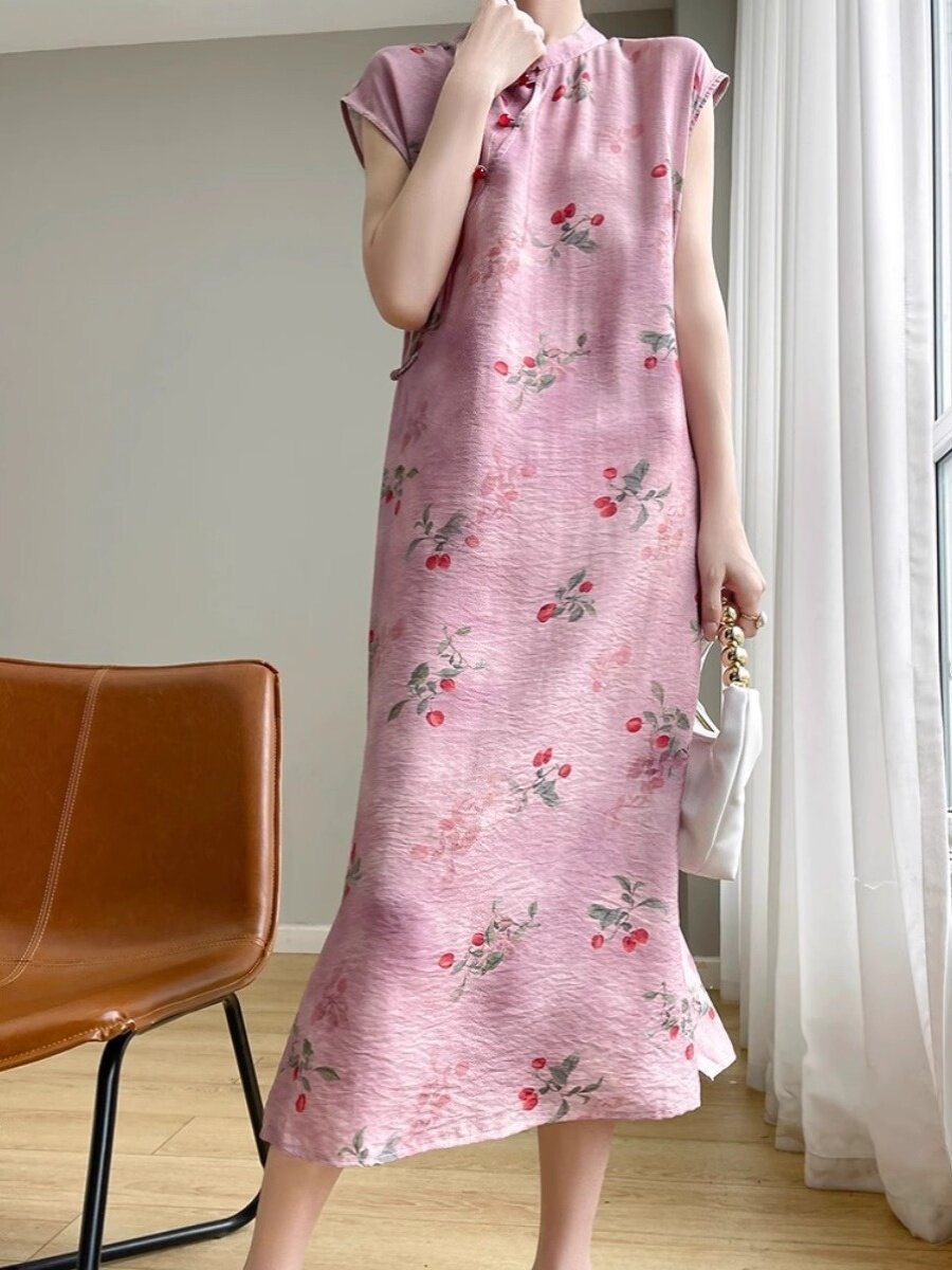 새로운 중국 스타일 국가 스타일 치파오 텐셀 코튼 드레스 느슨한 기질 여름 착용 2024 봄 새로운 중간 길이 스커트