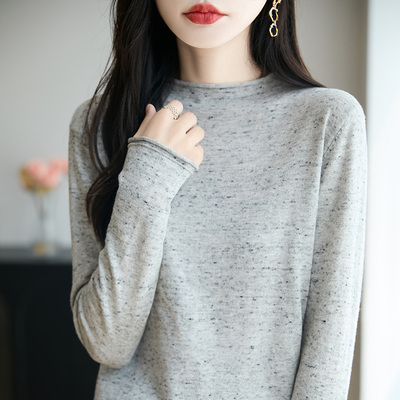 柔雾感花纱半高领针织衫女精纺羊毛修身长袖秋冬点子纱打底衫毛衣