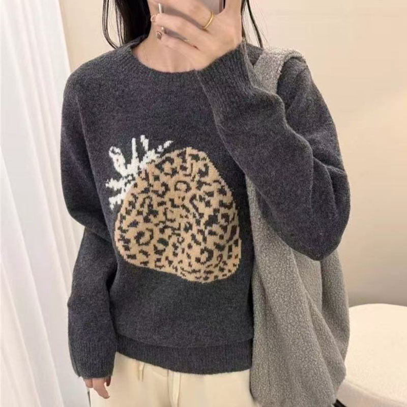 长袖套头草莓女士豹纹可外穿加厚