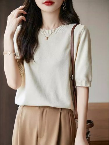 纯棉套头圆领外搭螺纹T恤