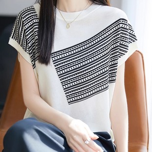 新款 T体恤韩 设计感拼色冰丝针织短袖 女时髦别致上衣莱塞尔落肩袖