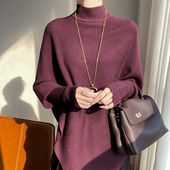 老钱风简约大牌感斗篷毛衣不规则显瘦蝙蝠袖 气质高领洋气针织衫