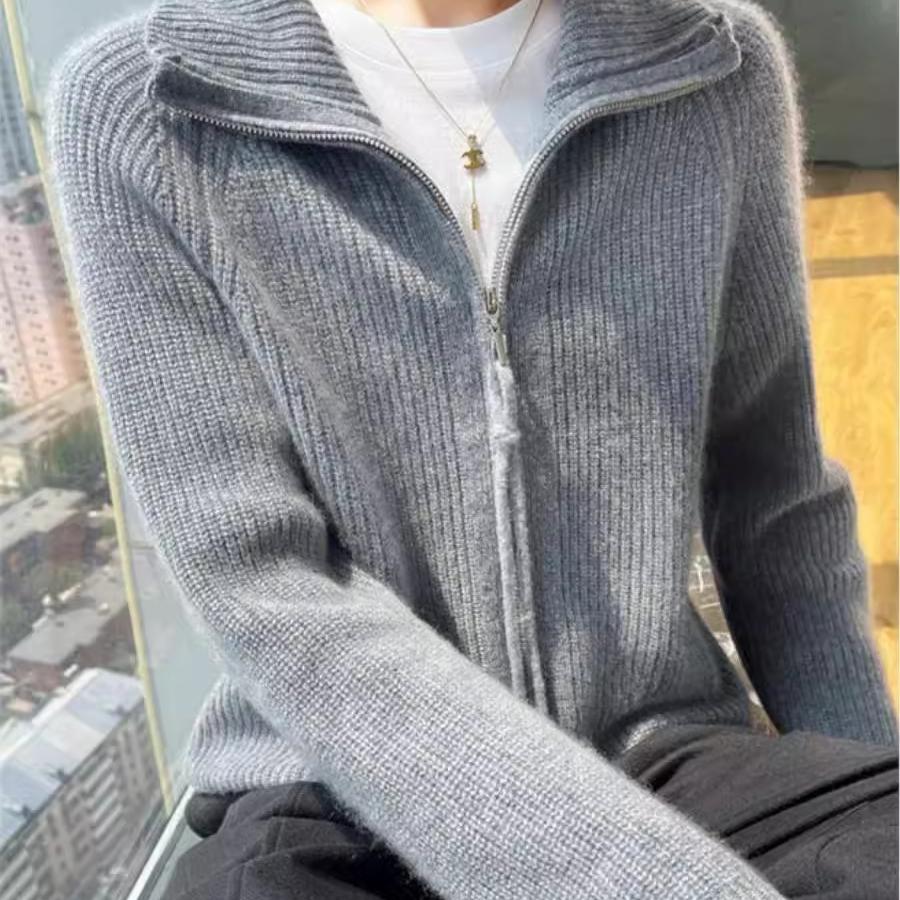 街头休闲拉链开衫毛衣外套女修身翻领2025新款秋季立领打底针织衫