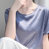 轻奢立体纹理感圆领短袖 女光泽感丝滑缎面休闲遮肉正肩气质T恤衫
