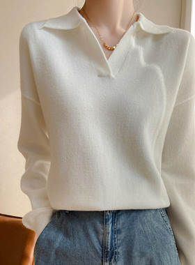 秋季款羊毛V领打底衫刘雯同款白色Polo领针织衫女上衣气质小翻领