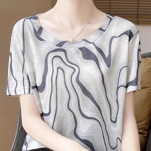 印花薄款 新款 T恤针织圆领短袖 夏季 宽松上衣 2025莱塞尔天丝女爆款