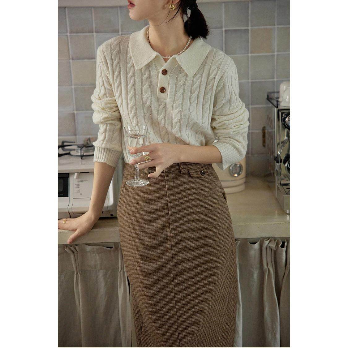 法式复古POLO领白色翻领麻花毛衣女秋冬温柔风羊毛针织打底衫上衣