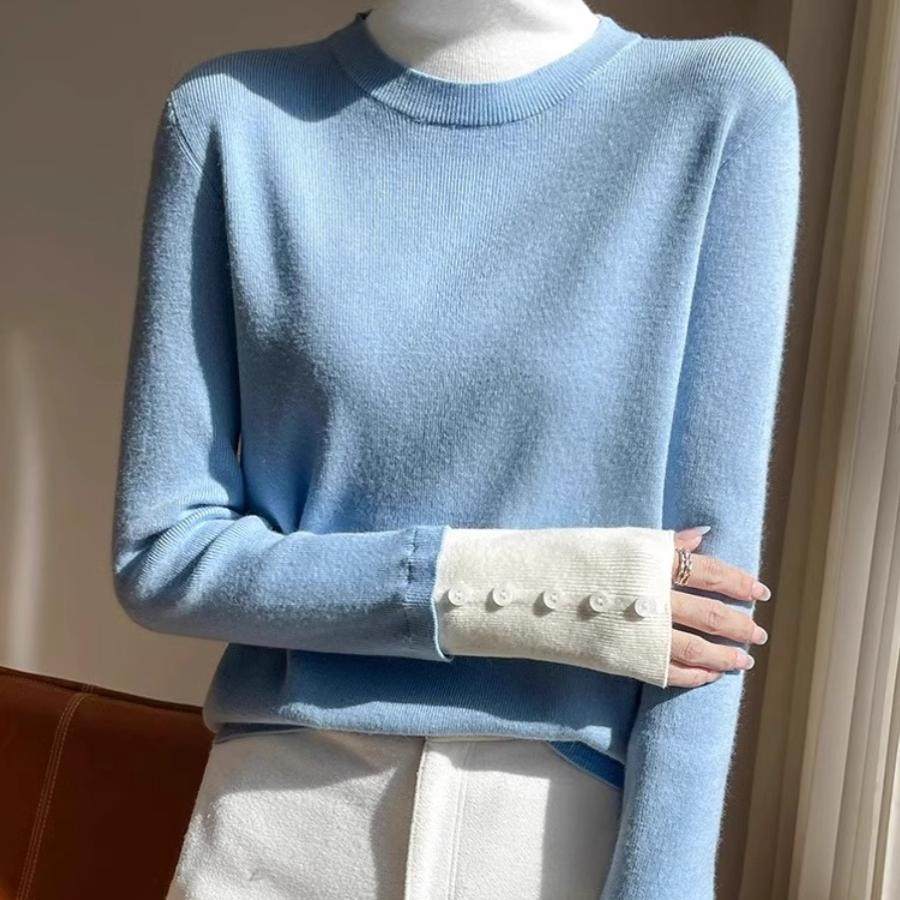 设计感假两件纽扣高领针织打底衫女冬季撞色拼接毛衣内搭毛衫上衣,女装/女士精品,毛针织衫,淘宝优惠券,粉丝福利购,淘宝优惠卷