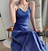 2025新款 显瘦裙子V领吊带裙子女上衣 修身 长款 纯色吊带连衣裙夏季