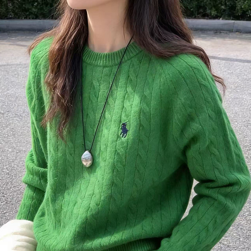 老钱风刺绣绿色麻花羊毛针织衫女秋冬圆领套头宽松百搭毛衣打底衫
