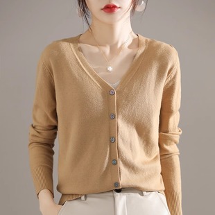 外套V领宽松百搭薄款 断码 女长袖 羊绒针织开衫 毛衣外搭 清仓秋季