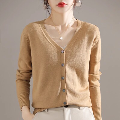 羊绒单排扣V领外搭螺纹开衫