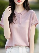 冰丝POLO领针织短袖T恤女轻薄透气宽松气质设计感飞袖上衣翻领t恤
