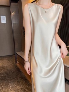 高级感圆领真丝吊带连衣裙女春夏醋酸缎面中长裙内搭丝绸无袖 气质