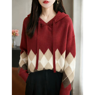 复古菱格纹连帽毛衣女红色套头秋冬羊毛针织衫宽松慵懒显瘦上衣
