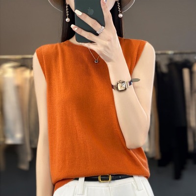 圆领无袖细羊毛背心女春季吊带薄款内搭宽松针织外穿打底上衣体恤