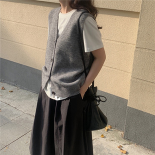 灰色针织开衫女无袖外搭坎肩百搭短款马甲毛衣背心秋季新款羊毛衫
