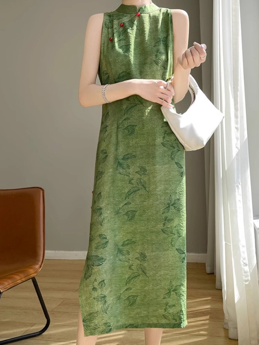 여성을위한 새로운 중국 스타일 중국 스타일 인쇄 새틴 CHEONGSAM 드레스 레트로 슬릿 허리 슬리밍 민소매 중간 길이 드레스 여성을위한