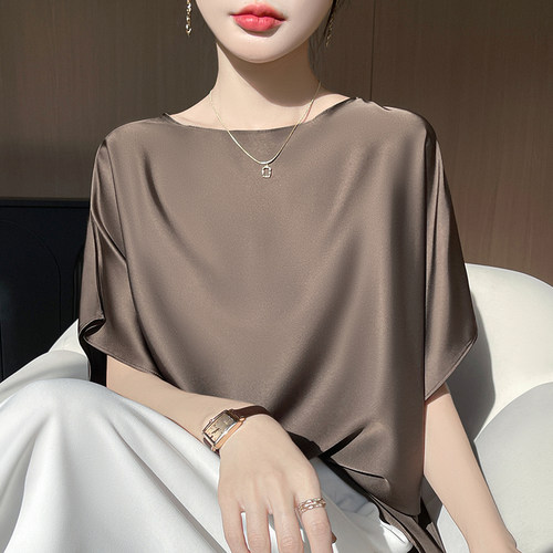 一字领蝙蝠袖真丝缎面短袖气质垂感显瘦亲肤内搭上衣25春夏新款女