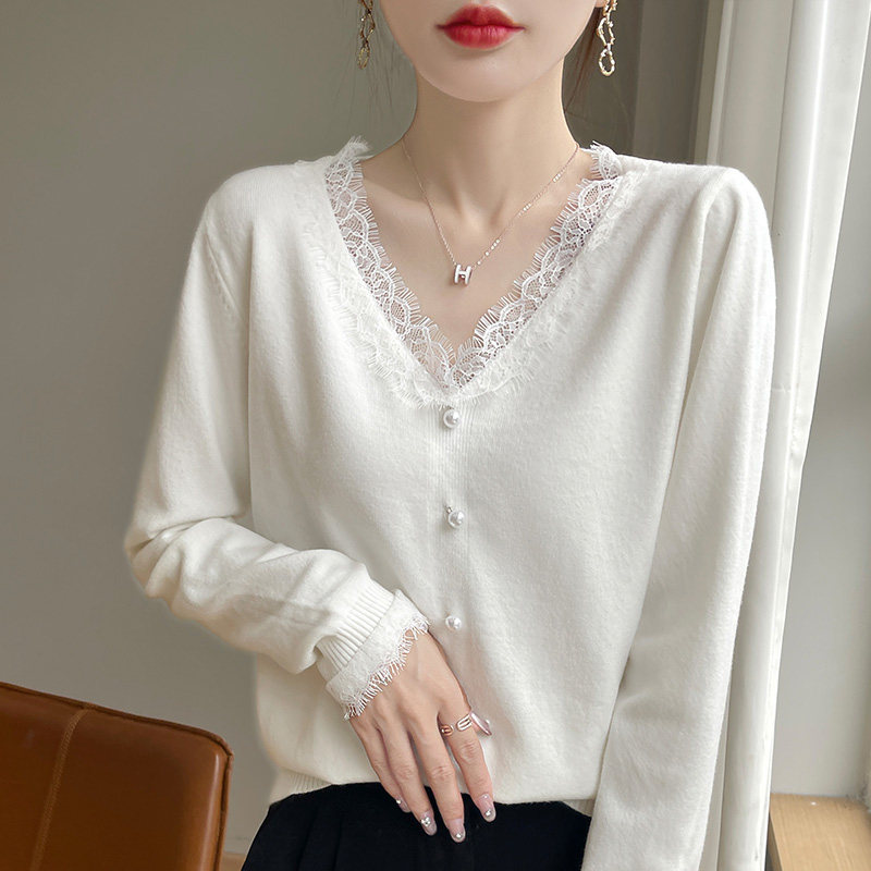 高级感超好看蕾丝V领内搭针织打底衫毛衣秋季女装超好看慵懒上衣,女装/女士精品,毛针织衫,淘宝优惠券,粉丝福利购,淘宝优惠卷