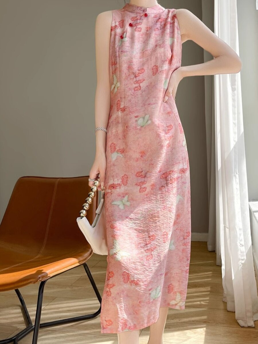 여성을위한 새로운 중국 스타일 중국 스타일 인쇄 새틴 CHEONGSAM 드레스 레트로 슬릿 허리 슬리밍 민소매 중간 길이 드레스 여성을위한
