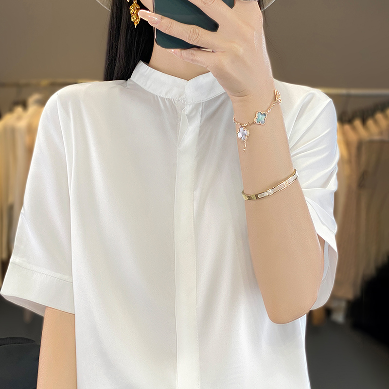 短袖百搭薄立领缎面女